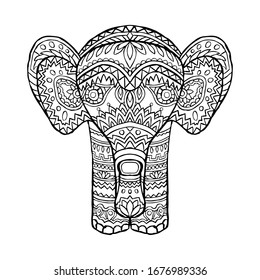 Elephant coloring book. Front view. Vector graphic hand drawing. Black contour silhouette. Isolated object on a white background. Isolate.