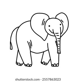 Elephant coloring doodle sketch. Hand drawn black and white vector artwork. Cute simple silhouette ideal for preschool, kinder garden. Easy outline graphic illustration for child. Printable worksheet.