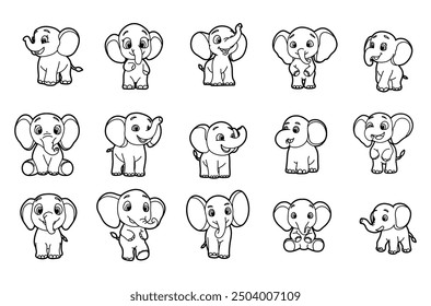 Elephant coloring outline vector set illustration