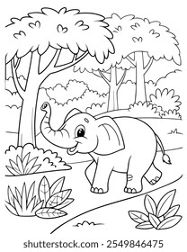 Elephant coloring page with black and white nature scene