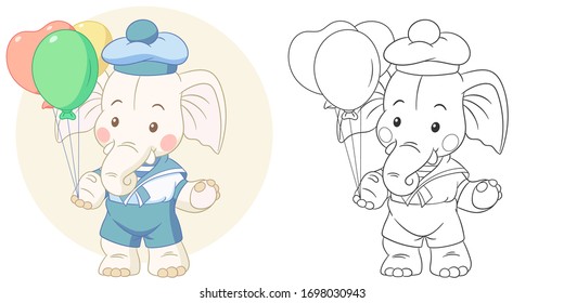 Elefante Farbseite. Cartoon-Tier. Video-Set für Kinderposter, T-Shirt-Druck, Kinderbekleidung, Grußkarte, Etikett, Pflaster oder Aufkleber. Vektorillustration.