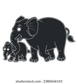 Elephant coloring page for kids Hand drawn elephant outline illustration and Set of elephant character silhouette