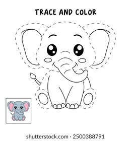 Dibujos para colorear de elefantes para niños. Trazo y color elefante. Ilustración de contorno animal. Dibujo para colorear de lindo elefante. Hoja de trabajo de trazado de elefantes. Actividades de jardín de infantes y preescolar.