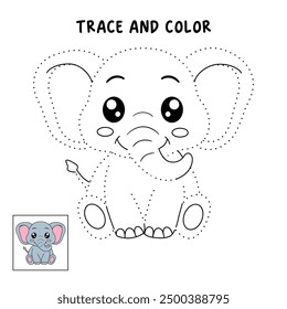 Elephant coloring pages for kids. Trace and color elephant. Animal outline illustration. Coloring page outline of cute elephant. Elephant tracing worksheet. Kindergarten and preschool activity.