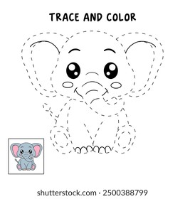 Elephant coloring pages for kids. Trace and color elephant. Animal outline illustration. Coloring page outline of cute elephant. Elephant tracing worksheet. Kindergarten and preschool activity.