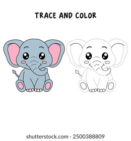 Elephant coloring pages for kids. Trace and color elephant. Animal outline illustration. Coloring page outline of cute elephant. Elephant tracing worksheet. Kindergarten and preschool activity.