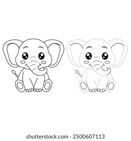 Elephant coloring pages for kids. Trace and color elephant. Animal outline illustration. Coloring Page Outline of Cute Elephant. Elephant tracing worksheet. Kindergarten and preschool activity.