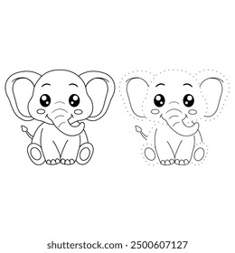 Elephant coloring pages for kids. Trace and color elephant. Animal outline illustration. Coloring Page Outline of Cute Elephant. Elephant tracing worksheet. Kindergarten and preschool activity.