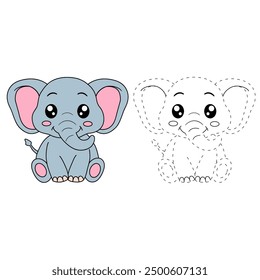 Elephant coloring pages for kids. Trace and color elephant. Animal outline illustration. Coloring Page Outline of Cute Elephant. Elephant tracing worksheet. Kindergarten and preschool activity.