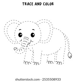 Elephant coloring pages for kids. Trace and color elephant. Animal outline illustration. Coloring page outline of cute elephant. Elephant tracing worksheet. Kindergarten and preschool activity.