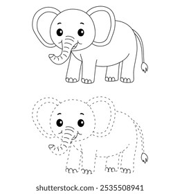 Elephant coloring pages for kids. Trace and color elephant. Animal outline illustration. Coloring page outline of cute elephant. Elephant tracing worksheet. Kindergarten and preschool activity.