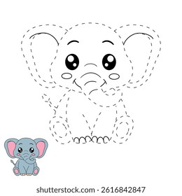 Elephant coloring pages for kids. Trace and color elephant. Animal outline illustration. Coloring page outline of cute elephant. Elephant tracing worksheet. Kindergarten and preschool activity.