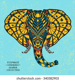 Elephant. Coloured hand drawn doodle animal. Ethnic patterned vector illustration. African, indian, totem, tribal, zentangle design. Sketch for adult colouring page, tattoo, poster, print or t-shirt.