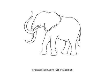 Elephant continuous one line drawing. Editable stroke on a white, One line art of wild elephant, One continuous line illustration of an elephant, isolated on white background.