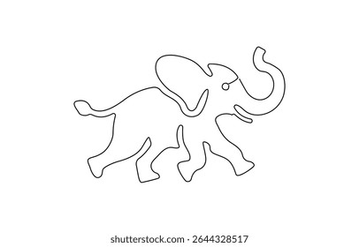 Elephant continuous one line drawing. Editable stroke on a white, One line art of wild elephant, One continuous line illustration of an elephant, isolated on white background.