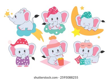 Elephant costume character clipart drawing set. Cute baby elephant in flat icon outline clip art collection with mascot costume like santa hat in colorful sitting background vector illustration.