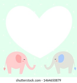 An elephant couple on green background with white dot. By there is a white heart for adding text. Frame and card concept. Animal concept. Vector.