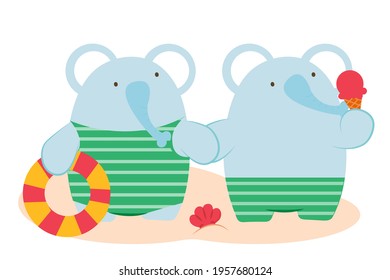 Elephant couple relax on the beach, holding lifebuoy and ice-cream cone in hand with happiness on summer holiday, animal cartoon character, vector illustration