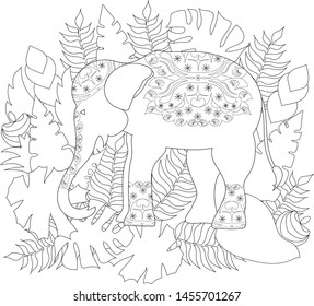 Elephant, covered with ornaments, in the jungle, among tropical plants. Zenart Anti stress coloring.

