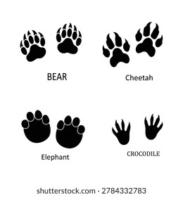 Elephant Crocodile Bear Cheetah Paw Print Vector Set,Animal Paw Track Icons for Safari Creatures