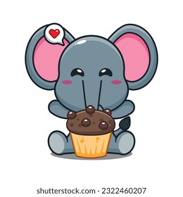 elephant with cup cake cartoon vector illustration.