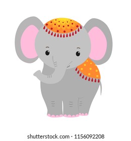Elephant cute character, mat on back and head, flat cartoon, colorful drawing little Indian animal. Vector kawaii illustration isolated on white background, for kids app, game, book, clothing print.
