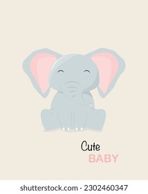 An elephant with cute expression. Image of a cute cartoon elephant with inscription - cute baby. For postcards, posters, t-shirts, covers, packaging.