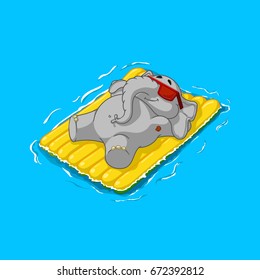 Elephant cute Nick. Elephant. Character. Summer, beach, happiness, sea, sun. On an inflatable mattress. Big collection of isolated elephants. Vector, cartoon. EPS 10.