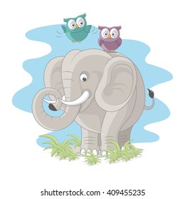 Elephant with cute owls 