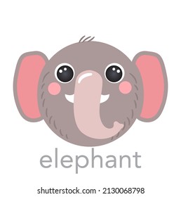 Elephant Cute portrait with name text smile head cartoon round shape animal face, isolated vector icon illustrations on white background. Flat simple hand drawn for kids poster, cards, t-shirts