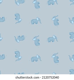 Elephant cute seamless pattern. Background with kids toy. Repeated texture in doodle style for fabric, wrapping paper, wallpaper, tissue. Vector illustration.