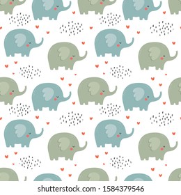 Elephant cute seamless pattern, Cartoon elephant background, vector illustration