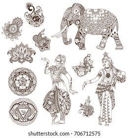 Elephant, dancers, mandalas, birds, flowers in the mehendi style. Set of ornate elements for design.