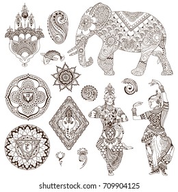 Elephant, dancers, mandalas, hamsa, flowers in the mehendi style. Set of ornate elements for design.
