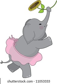 Elephant dancing in a tutu and holding a sunflower in her trunk