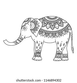 Elephant decorated with Indian ethnic floral vintage pattern. Hand drawn decorative animal in doodle style. Stylized mehndi ornament for tattoo, print, cover, book and coloring page.