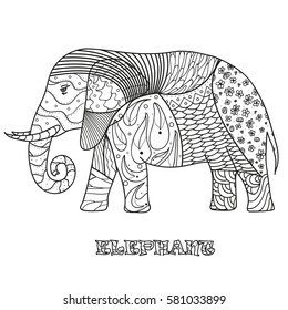 Elephant. Design Zentangle. Hand drawn elephant with abstract patterns on isolation background. Design for spiritual relaxation for adults.  Black and white illustration for coloring. Zen art