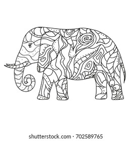 Elephant. Design Zentangle. Hand drawn elephant with abstract patterns on isolation background. Design for spiritual relaxation for adults. Black and white illustration for coloring. Zen art