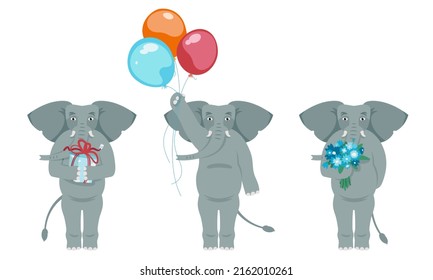 Elephant with different holiday attributes. Animal in cartoon style.