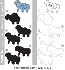 Elephant with different shadows to find the correct one, compare and connect object with it true shadow, the educational kid game with simple gaming level.