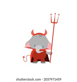 Elephant disguised as a Halloween costume. Happy Halloween banner, Holiday, Decoration Horror Party. Disguised animals in cute cartoon Monsters. Flat Vector Illustration.