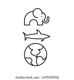 elephant, dolphin and planet icons, outline