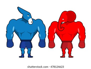 Elephant and Donkey boxer. Democrats against Republicans. Red strong animal with boxing gloves. Symbol of political party of USA. Illustration America voting
