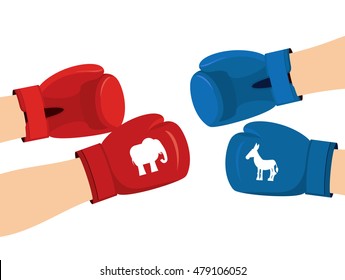 Elephant and Donkey boxing gloves. Symbols of USA political party. American Democrat versus Republican. Elections in United States. Battle for votes
