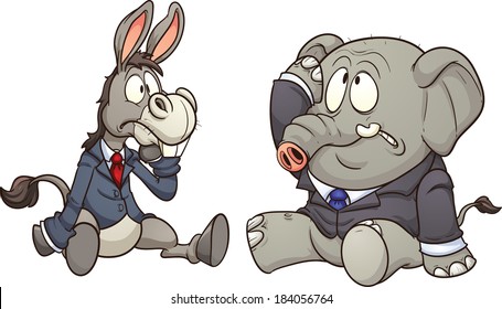 Elephant and donkey in business, Vector clip art illustration with simple gradients.  Each on a separate layer. 