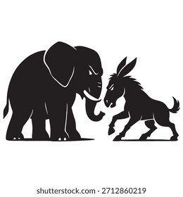 An elephant and a donkey confront one another with tense, focused stances, their posture showing resolve and rivalry as they meet head-to-head on solid ground, capturing a dramatic moment of challenge