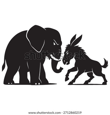 An elephant and a donkey confront one another with tense, focused stances, their posture showing resolve and rivalry as they meet head-to-head on solid ground, capturing a dramatic moment of challenge