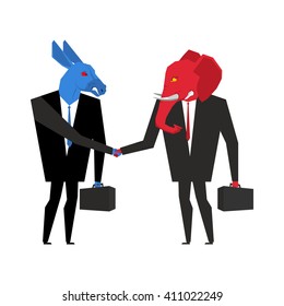 elephant and donkey deal. Democrats and Republicans shake hands. Handshake of businessmen. Agreement between politicians. An animal in business suit and briefcase. USA Elections