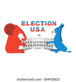 Elephant and Donkey divide White house. Republicans and Democrats share authority. Political presidential elections in United States. Government Building America