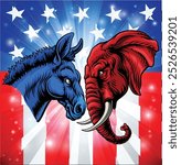 Elephant and donkey facing off American election party politics concept